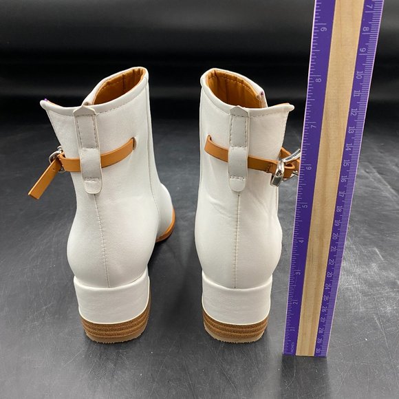 A FSJ White Peep Toe Boot Cut Out Buckle Block Low Heeled Ankle Bootie - Picture 5 of 7